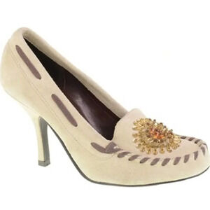 Chinese Laundry Beige Suede Heels with Gold Jeweled Accent